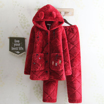 Even cap medium length winter three-layer thickened laminated cotton coral suede pyjamas lady red warm personality Korean version home dress