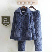 Simple Winter Triple thickened Mens clip cotton plus suede Warm Coral Suede Pure Color Casual Turn Collar Home Suit Suit