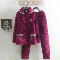 Winter casual solid color simple pajamas female babe velvet padded lapel collar Japanese lace mother home suit suit