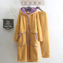 Autumn Winter Thickened Coral Fleece Over Kneecap Lengthier Pyjamas Lady Lian Hat Loose Pure Color Plus Suede Pajamas Sleeping Robe