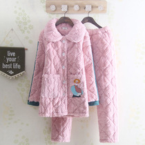 New Thickened Clip Cotton Lady Coral Suede Warm Winter Pyjamas Triple Casual Turn-collar Plus Suede Home Suit Suit