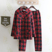 Pure cotton plaid ladies pajamas in winter thickened cotton double-sided cotton casual knitted home wear suit