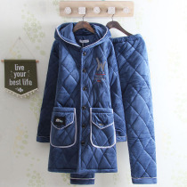 Lengthened Youth Winter three-layer thickened sandwiched cotton warm-hat mens pyjamas Coral Suede Coral Fleece casual Home Suits Jacket