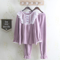 Pullover leisure autumn and winter plus velvet thickened warm pajamas lady mother solid color home clothing two-piece coral velvet