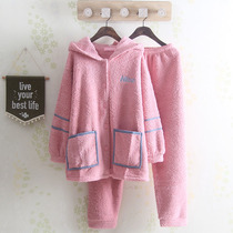 Even cap loose casual ladies sleepwear thicken plus suede autumn winter warm pure color casual students home suit suit