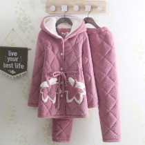 Even Cap Winter Triple pyjamas lady with medium length Thickened Jacket Cotton Coral Suede Warm Up for Pure Color Womens Home Cover