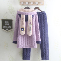 Winter hooded padded pajamas ladies cartoon cute long ears casual students warm home clothing set