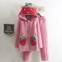 # Cold Artifact# Personality plush winter three-layer womens pajamas flannel mid-length cotton-padded home suit set