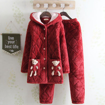 Even cap cartoon lady with medium length winter thickened three-ply clip cotton pyjamas coral suede warm dark home jacket