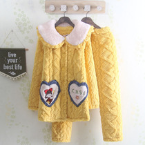 Temperament Princess personality winter three-layer thick cotton cotton Womens pajamas warm and slim coral velvet soft home suit set