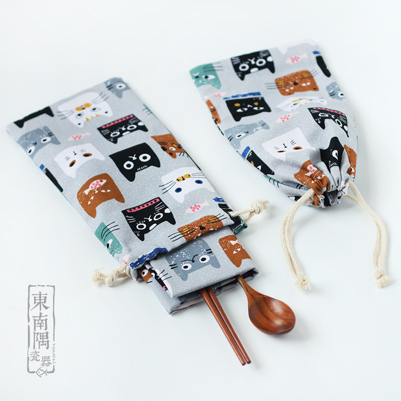 Multi-functional student placemat carrying bag cartoon printed cotton bundle pocket children's tableware storage bag easy to pull