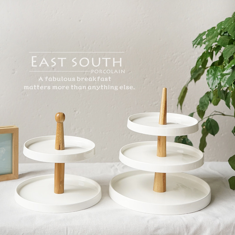 Eurostyle round creative upscale wood ceramic double layer of two-layer fruit plate cake pastry afternoon tea tray