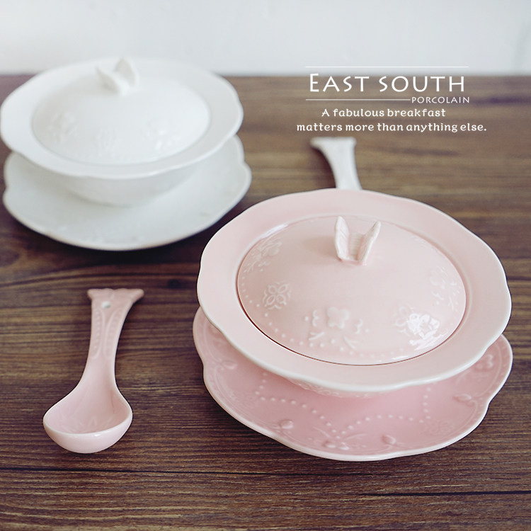 Day-Style Pure White Carved ceramic lid Dish Spoon Suit Retro Western Style Swallow Bowl Tea Pink Bowl Snack