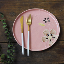 Pink green ceramic disc Japanese tail single blemish cake flat carved two-color cute plate