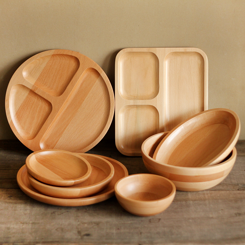 Xuất khẩu Nhật Bản Elm Khay gia đình Bát gỗ Tấm bát đĩa bằng gỗ Ba món Salad Salad Đồ ăn nhẹ Món tráng miệng Tấm gỗ khay đựng trà bằng gỗ