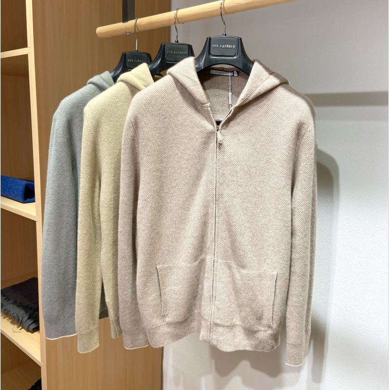 90.2% Sheep Wool 9.8% Cashmere Men's Autumn and Winter Knitted Cardigan Hooded Jacket Simple and Versatile Olrumod