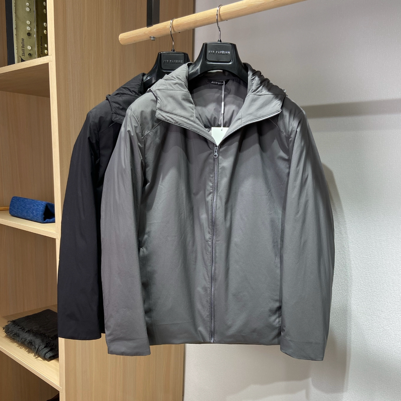Men's Winter down Jacket, Black and Dark Gray, Goose Down, Thin Style with Hood, Suitable for Commuting, Casual Wear, and Outdoor Activities, Imported Olrumod