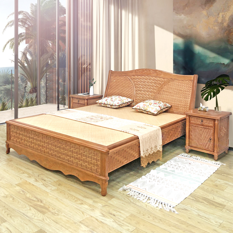 Real rattan bedroom Double bed Large bed Southeast Asian Rattan mat rattan woven solid wood bed 1 5 meters 1 8 meters bed Bamboo rattan bed Old