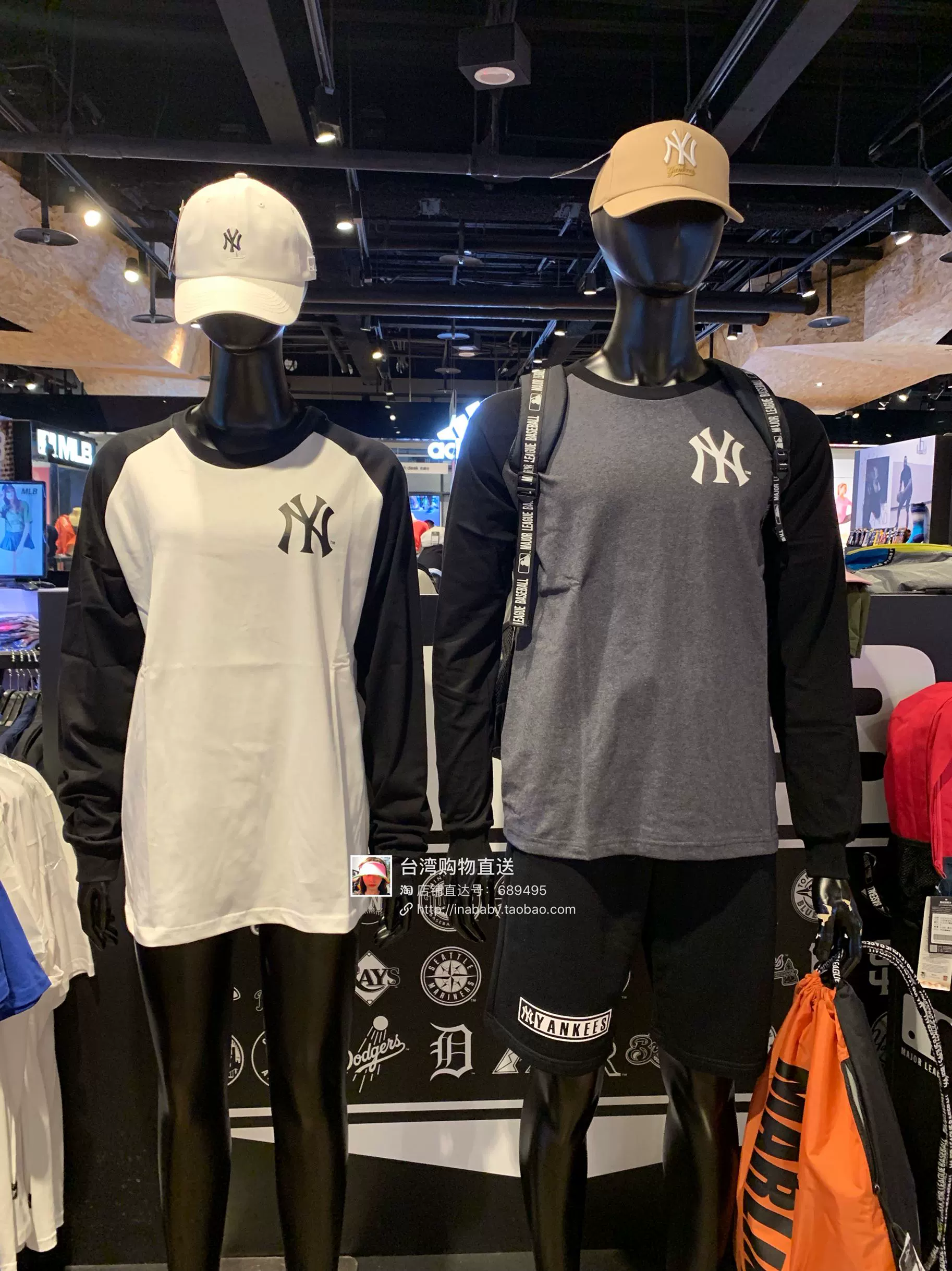 Đài Loan mlb Yankees mùa xuân và mùa thu cotton mới cổ tròn T NY nam và nữ giản dị in áo thun dài tay - Áo phông dài