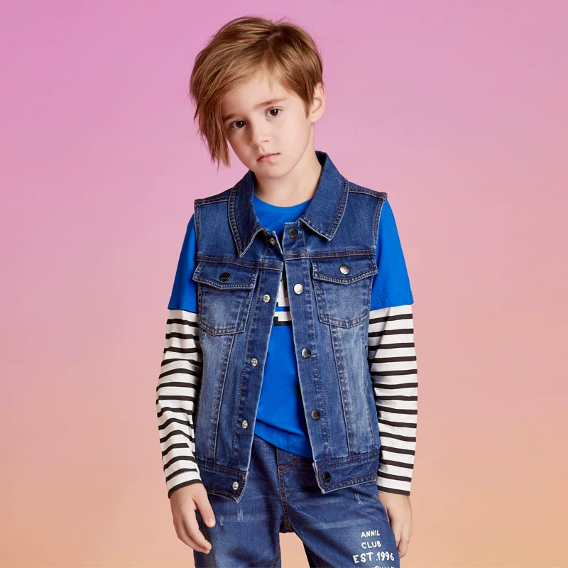 An Nai quần áo trẻ em bé trai mùa xuân phong cách phương tây ve áo denim vest nam lớn vest đẹp trai áo khoác không tay triều - Áo ghi lê