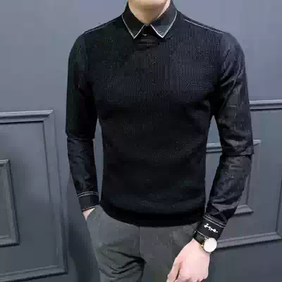 Spring and autumn fake two sweaters men plus velvet thickened men's wool sweater business shirt collar trend bottoming sweater