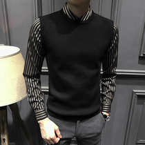 Spring new fake two-piece sweater mens Korean version of the trend handsome striped top casual slim shirt collar base shirt