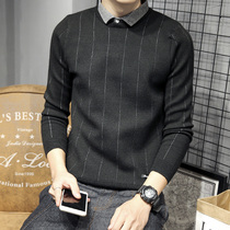 Spring and autumn new loose suit collar sweater mens Korean version of the trend plus velvet thickened fake two knitted cardigan