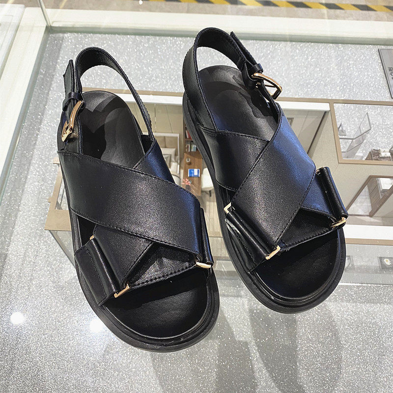 Internet celebrity sandals women's ins trendy all-match 2020 summer new cross strap leather thick-soled flat-bottomed Roman sandals for students