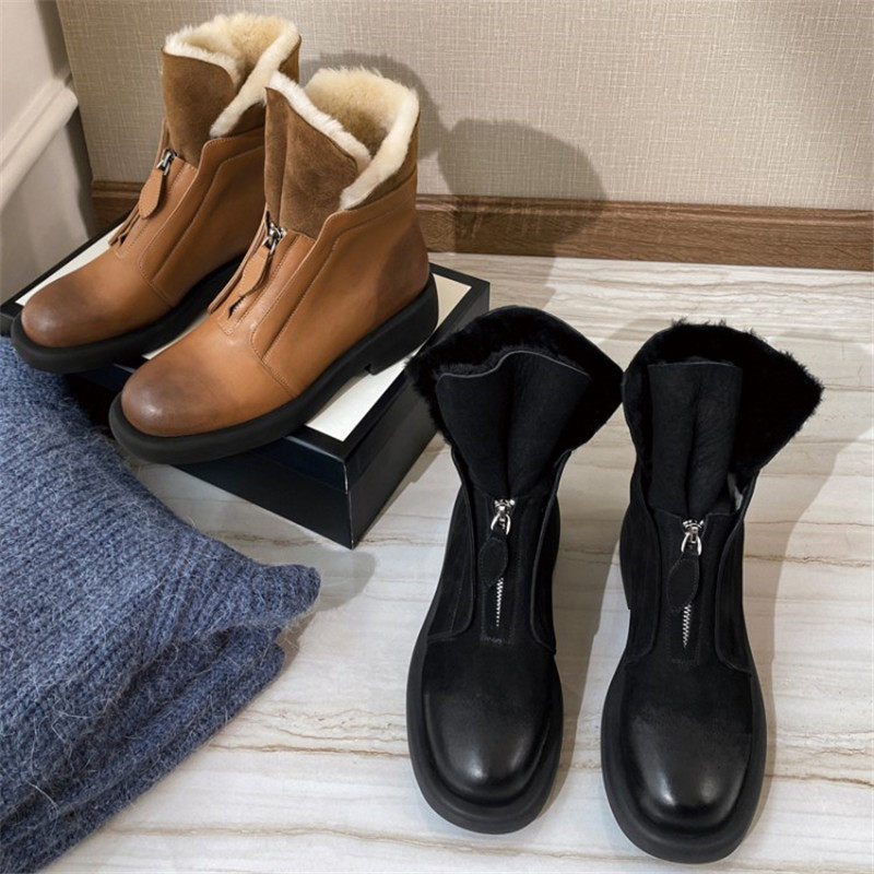 Fur integrated snow boots 2020 new winter mid-tube women's shoes leather wool Martin boots plus velvet thickened cotton shoes