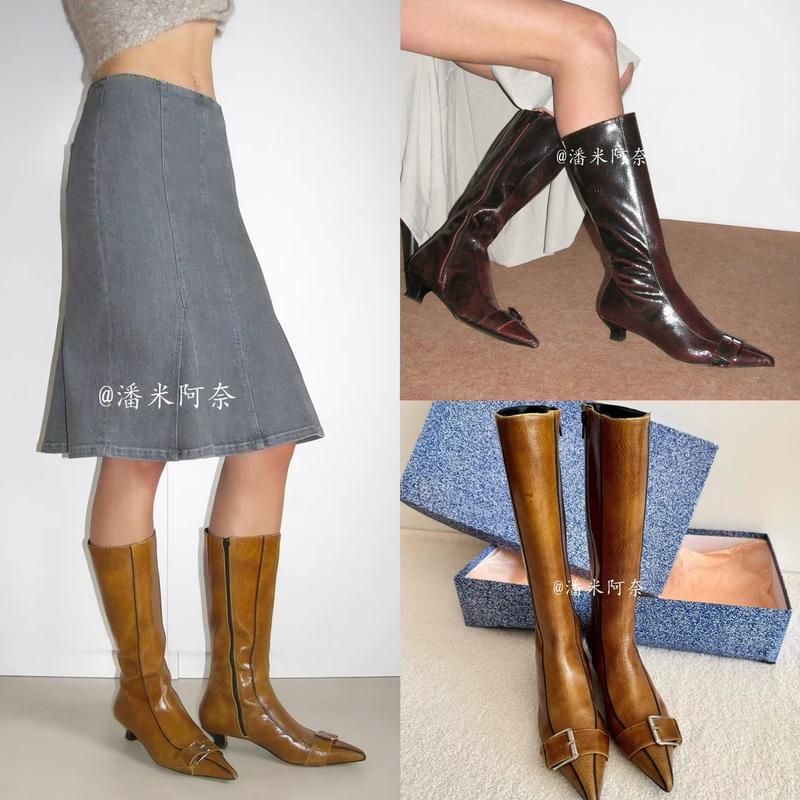 Paloma Wool Spanish Retro Pointed-Toe Buckle Kitten Heel Long Boots with Side Zipper for Women
