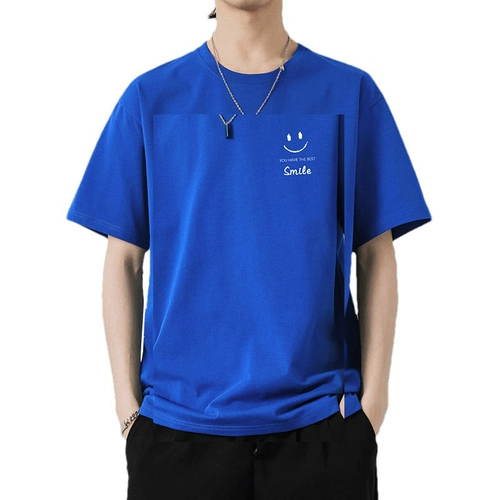 Синяя хлопковая футболка с коротким рукавом, подходит для подростков