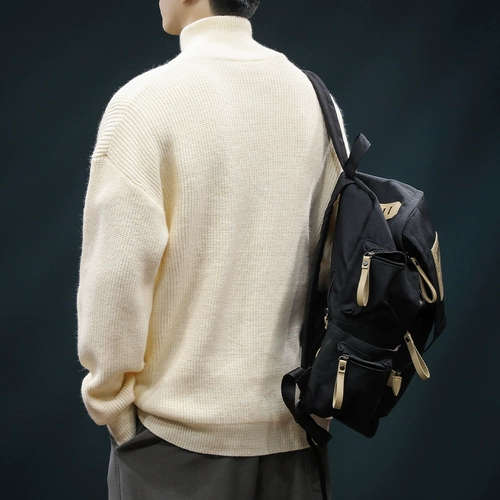 Демисезонный кардиган с молнией, мужской черный трендовый свитер, куртка, на молнии, в корейском стиле, свободный крой, высокий воротник