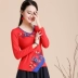 Phong cách Trung Quốc mùa thu gió quốc gia mới của phụ nữ áo thun cotton dài tay Slim V cổ thêu thêu cỡ lớn thêu đáy áo phông ngắn tay Áo phông