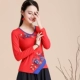 Phong cách Trung Quốc mùa thu gió quốc gia mới của phụ nữ áo thun cotton dài tay Slim V cổ thêu thêu cỡ lớn thêu đáy