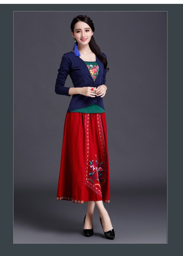 Áo khoác nữ phong cách Trung Quốc mùa thu phong cách mới quốc gia áo dài tay áo thun nữ thêu thêu bông kích thước lớn áo thun nữ tay lỡ