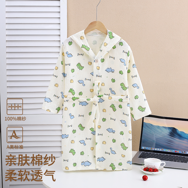 100% Cotton Cartoon Dinosaur Children's Bathrobe Bath Towel Quick-Drying Soft Breathable Tie-Waist Home Wear Pajamas