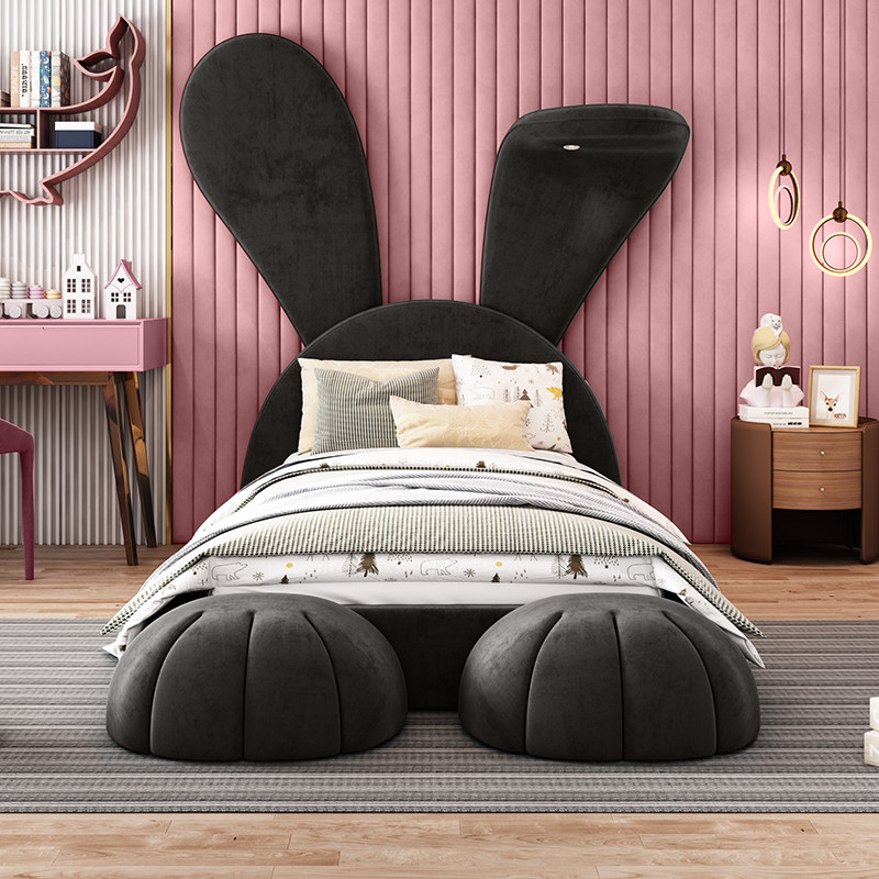 2022 new large ears Rabbit children's bed net red rabbit princess bed children room solid wood containing bed boy girl
