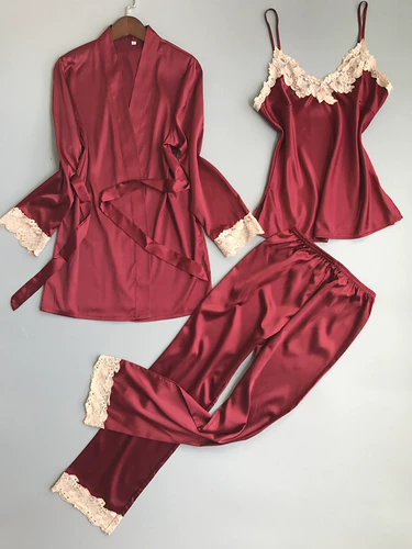 Осенний сексуальный лонгслив, пижама, шелковый комплект, тонкий банный халат, 2021 года, 3 предмета