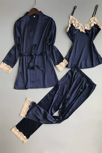 Осенний сексуальный лонгслив, пижама, шелковый комплект, тонкий банный халат, 2021 года, 3 предмета