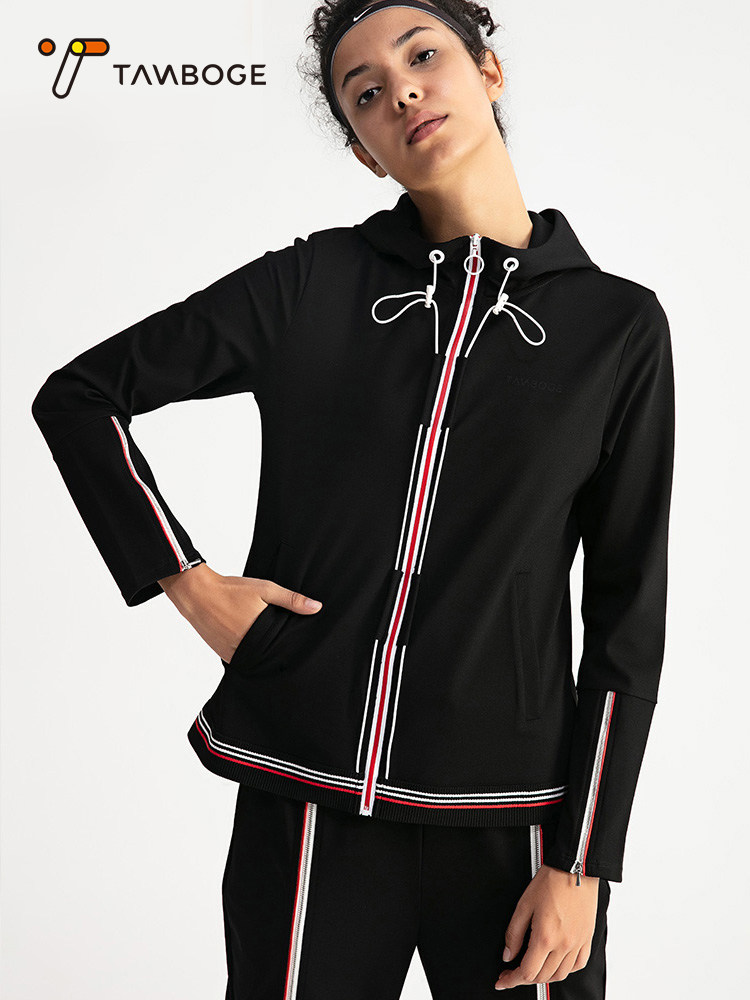 Sports jacket women's spring and Autumn loose casual zipper cardigan spring running fitness black hooded long-sleeved top