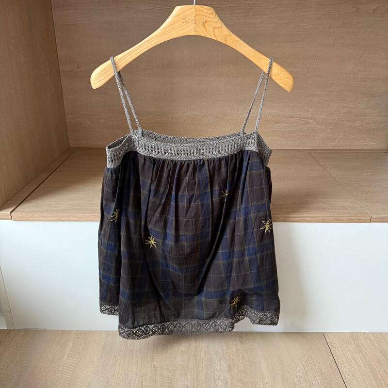 Authentic~ Designer 2026 Early Autumn New Collection Vacation Style Knitted Patchwork Embroidered Plaid Pattern Camisole