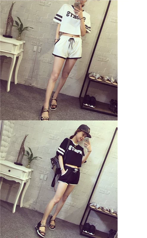 Bộ đồ thể thao nữ mùa hè 2018 thời trang mới phiên bản Hàn Quốc của áo len ngắn tay ngắn quần lửng ống rộng hai dây