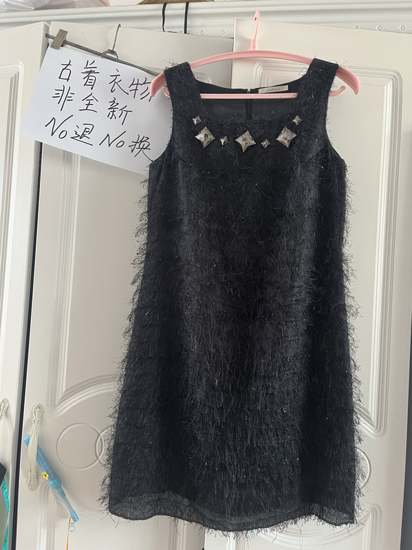 Vintage, Not Brand New, Black Tassel-Lined High-End Feather Sequin Sleeveless Dress, Bust 88, Length 90