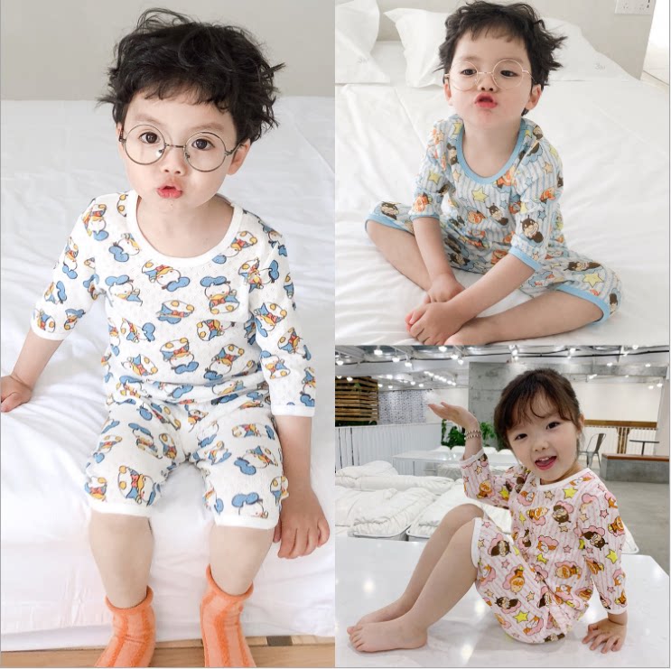 Broken Code Clearance Specials Children's Cotton Suits Summer Home Boys and Girls Mesh Cropped Sleeves Cropped Pants
