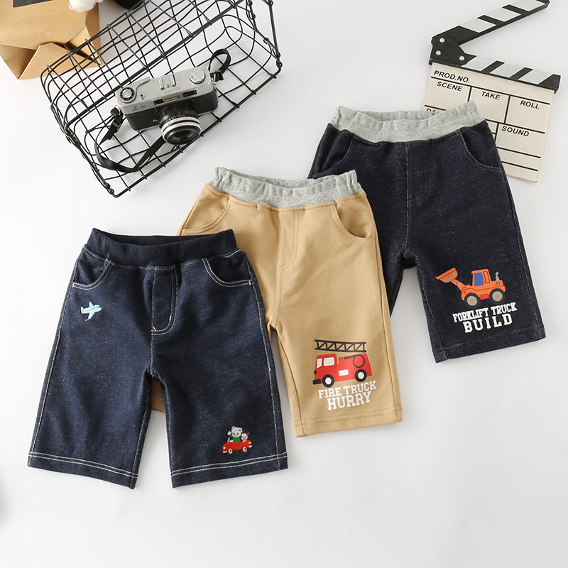 Summer boys cotton shorts children's set engineering car pattern five-point pants black anti-denim outside wear knitted half pants