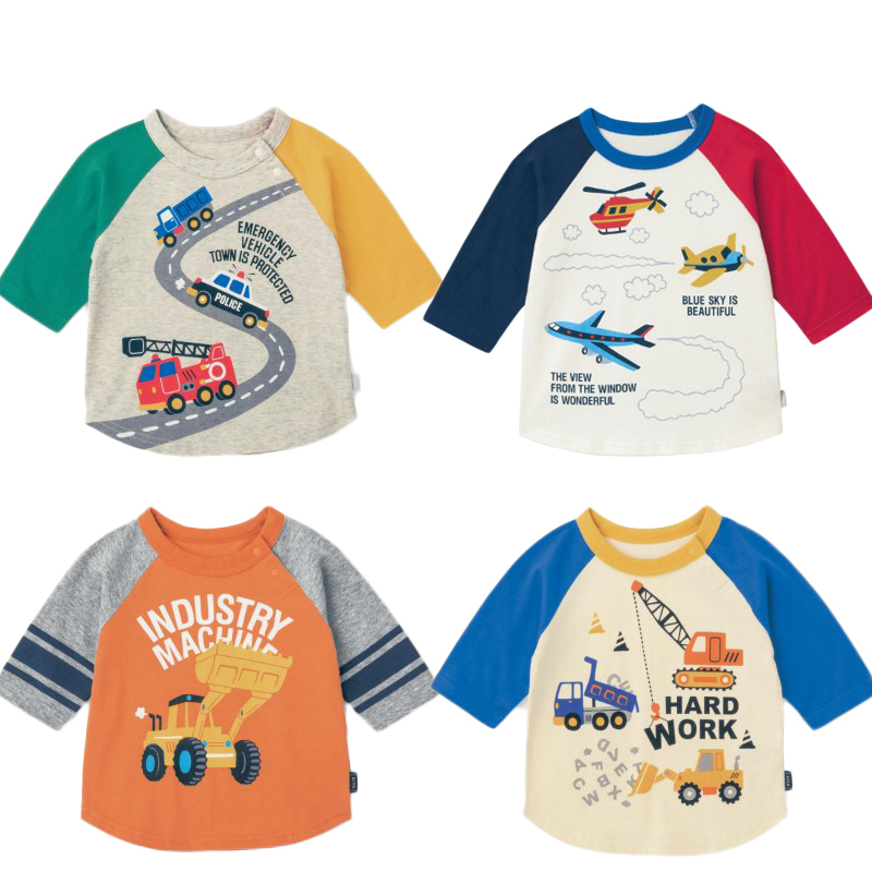 Qianqujia children's three-quarter sleeve cotton color-blocking T-shirt boy car top Japanese boy bottoming shirt engineering car
