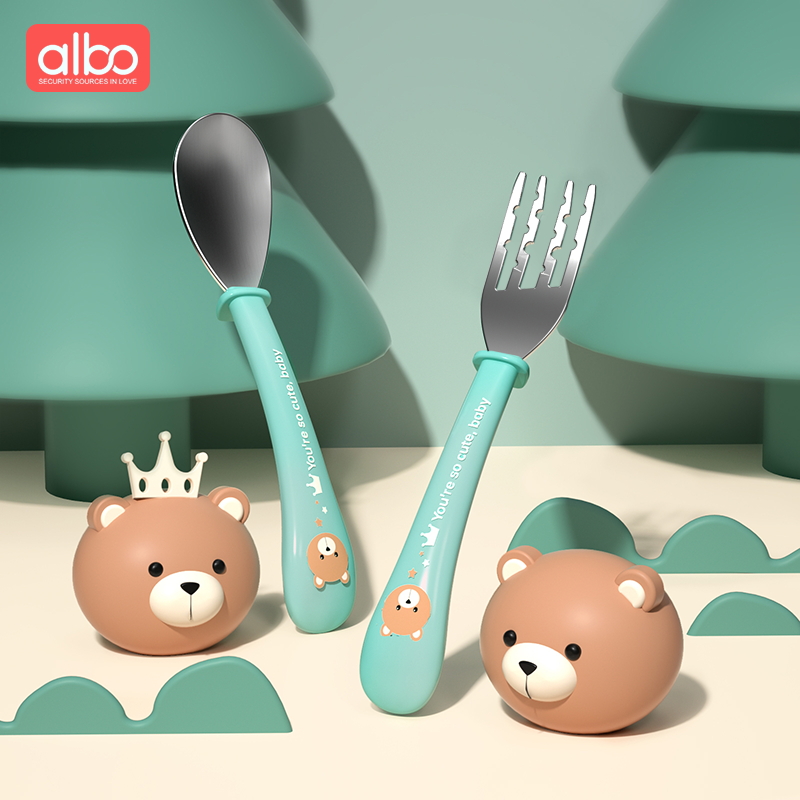 albo children stainless steel fork spoons suit baby learn to eat training spoon fork cutlery cutlery baby cob spoon