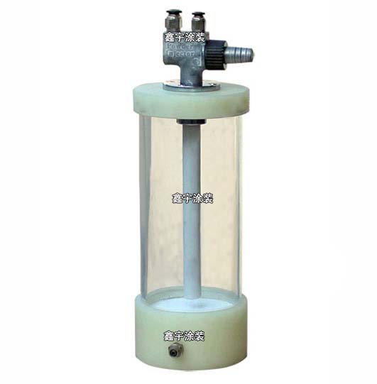 Experimental glass small powder cup fluidization cup for powder keg with fluidization plate and powder pump to give powder tube windpipe