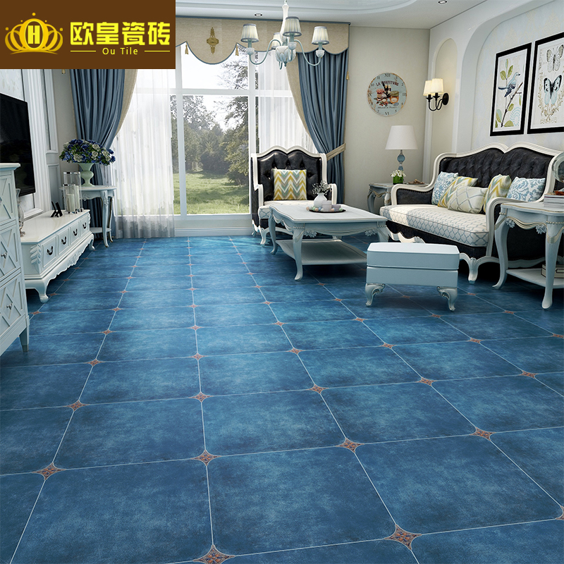 American living room floor tiles 500x500 pastoral retro blue antique tiles Hall anti-slip wear-resistant matte floor tiles