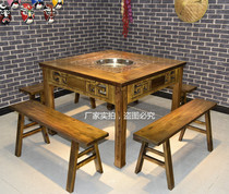 Solid wood marble square table Commercial hot pot table Gas stove Induction cooker One smoke-free barbecue hot pot table and chair combination